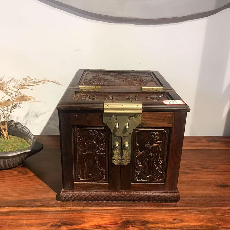 大红酸枝花开富贵首饰盒饰品收纳盒结婚嫁妆梳妆盒复古实木镜箱