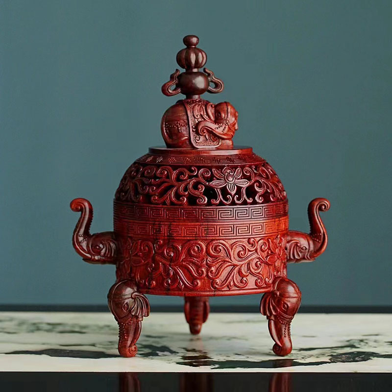 小叶紫檀木质香炉家用室内线香炉红木手工雕刻吉祥如意熏香炉