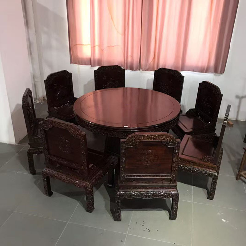 大红酸枝雕花圆餐桌九件套新中式客厅全实木餐桌椅组合红木家具