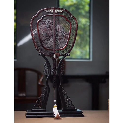 紫檀镶嵌银丝宫廷扇镂空摆件红木工艺品清香扇子中式客厅装饰摆扇