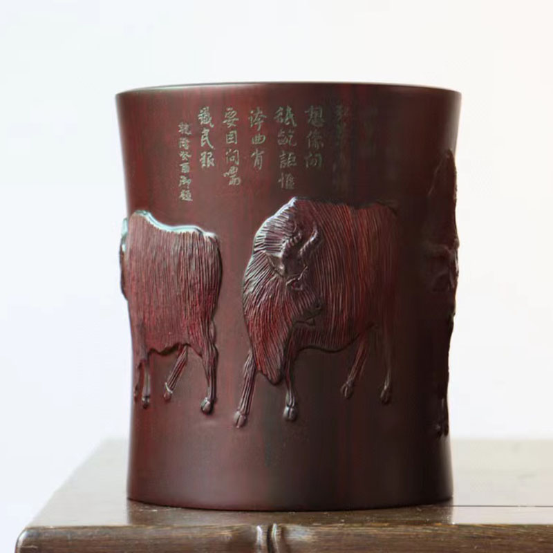 尼泊尔玫瑰紫檀五牛图实木笔筒红木复古中式办公桌面摆件日常送礼