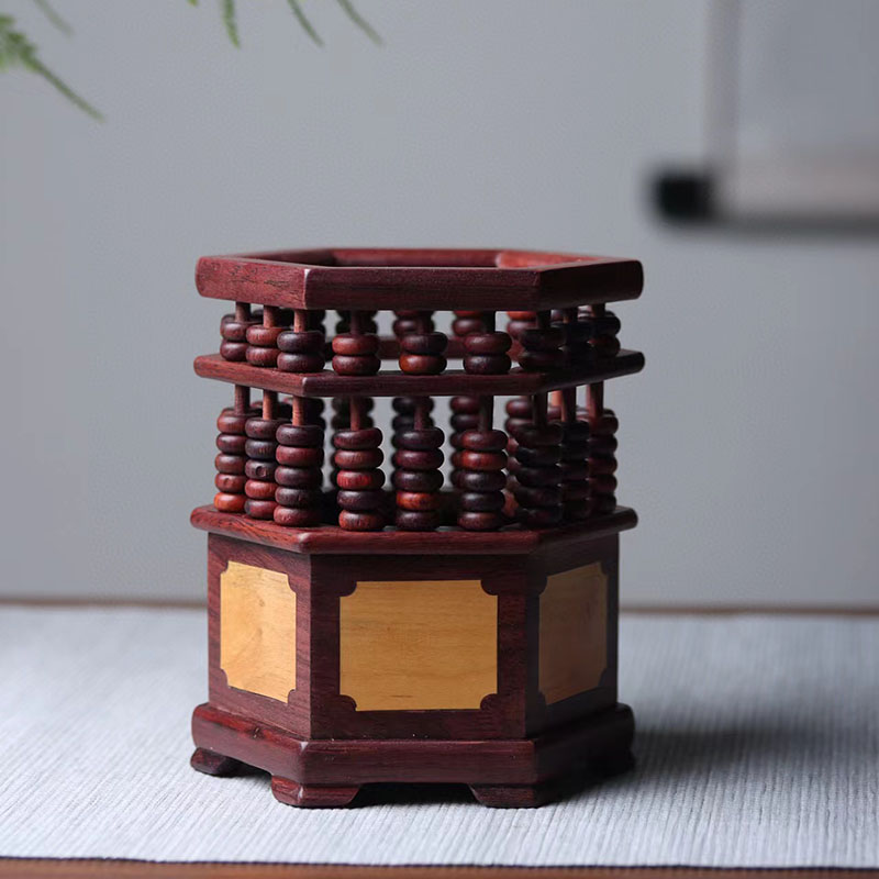 红酸枝六角嵌黄杨木珠算笔筒创意桌面摆件办公室送礼品工艺品