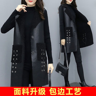 海宁皮衣中长款女士保暖欧若风马夹大码外套仿羊皮毛一体皮马甲女