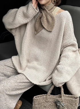 Owish 冬日白茶 日系手工感100全羊毛粗针超厚实显瘦宽松套头毛衣