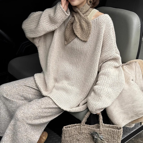 Owish 冬日白茶 日系手工感100全羊毛粗针超厚实显瘦宽松套头毛衣