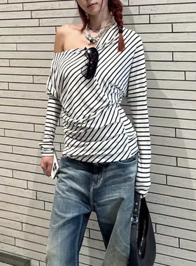 RARELY 不对称剪裁露肩羊毛针织上衣 白底黑条/黑底白条