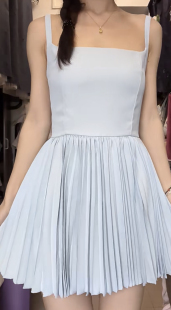 正确版ave/夏日连衣裙/芭蕾风吊带裙女收腰显瘦露背百褶裙a字短裙