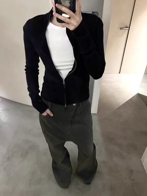 RA高品质面料100还原 “击剑毛衣”斜襟双拉链纯羊毛针织修身开衫