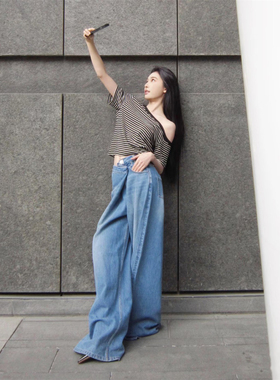 正确版还原Nort不对称露肩条纹设计感短袖T恤设计师款 易梦玲同款