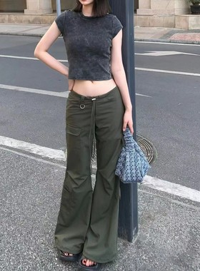 Dakiyo~Bella约会私服街头低腰阔腿喇叭降落伞裤 黑色/军绿色长裤