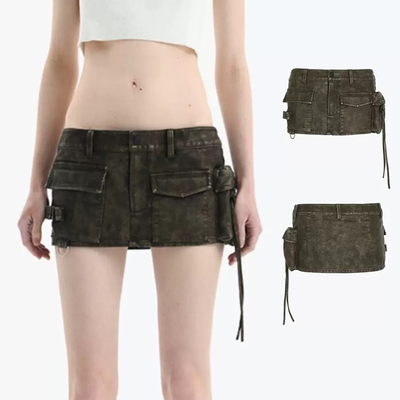 正确版还原AN 复古做旧皮质短裙 美拉德低腰超短裙半身裙