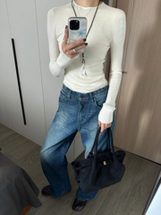 alright 076H蓝色洗水赤耳丹宁红边宽松直筒牛仔裤