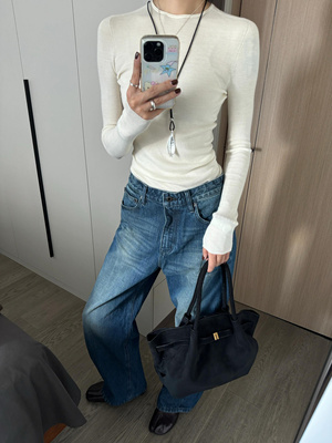 alright 076H蓝色洗水赤耳丹宁红边宽松直筒牛仔裤