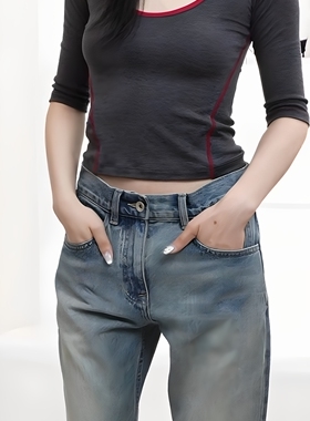 正确版还原RARE 撞边修身连帽针织中袖T恤灰色/橙色