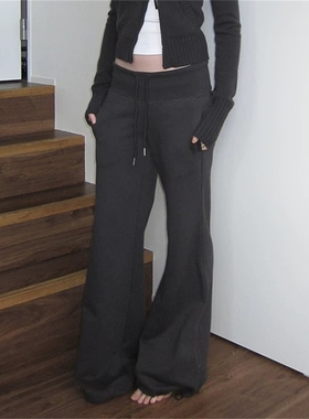 RARELY  散步系列宽腰螺纹可束脚喇叭卫裤 黑色/花灰/碳灰