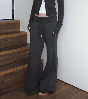 RARELY  散步系列宽腰螺纹可束脚喇叭卫裤 黑色/花灰/碳灰