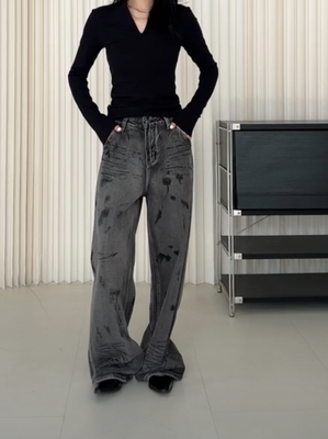 Dakiyo 矢量之墟-复古泼墨涂鸦牛仔裤男女宽松直筒阔腿拖地长裤子