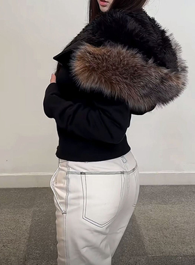 正确版RARELY连帽毛领斜襟毛绒内胆棉服外套黑色花灰大毛领短外套