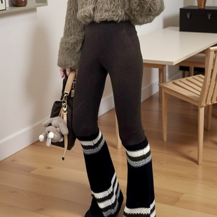 子女秋冬休闲百搭阔腿裤 条纹拼接咖色针织微喇叭裤 SONI 小众同款