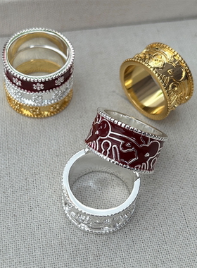 复古浮雕宽版窄版戒指珐琅填色金银金属指环美式vintage男女同款