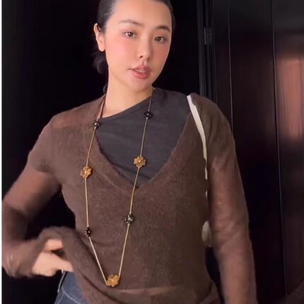 复古法式马总同款虎眼石立体花朵长款项链女气质百搭锁骨叠搭链