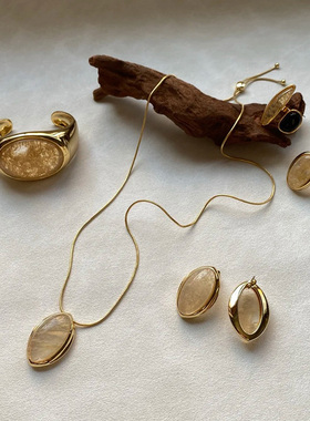 茶晶石吊坠项链春夏新款不规则金色耳环小众设计高级感复古毛衣链