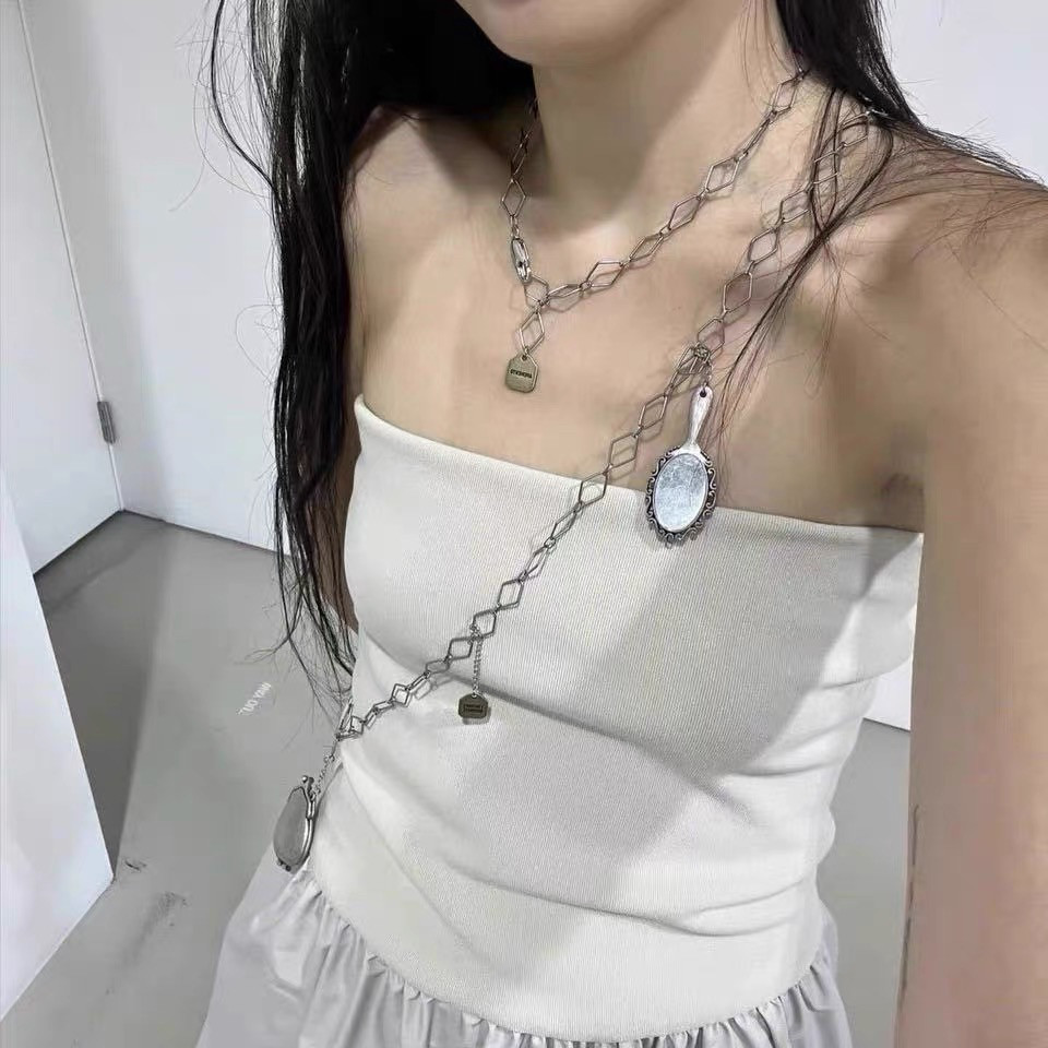 吴小姐韩代amomento同款复古镜子吊坠菱格链条腰链长项链锁骨链女