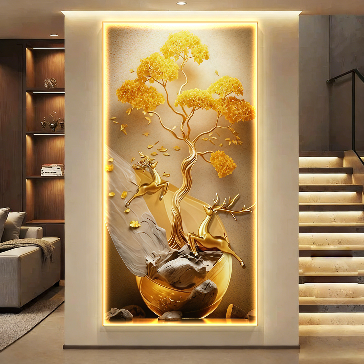 客厅玄关招财树挂画LED灯发财树