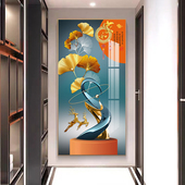 进门入户玄关装 饰画银杏叶晶瓷镶钻壁画墙画走廊过道挂画轻奢竖版