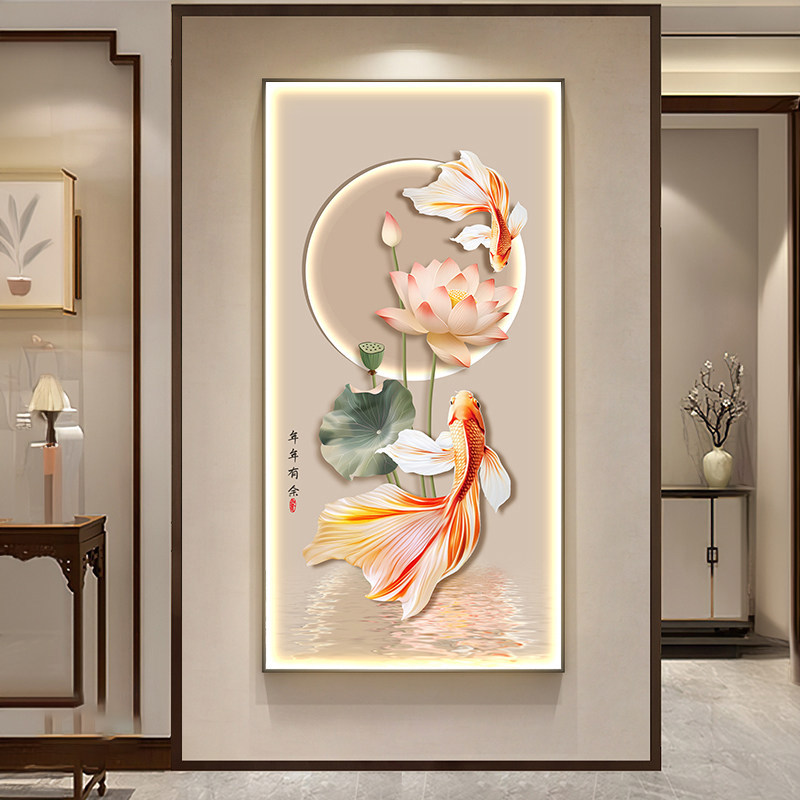 客厅入户玄关挂画LED灯锦鲤壁画