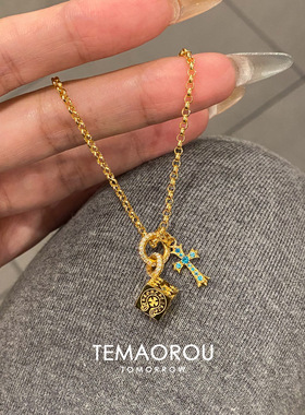 版型超正！中古跑环十字架实心骰子吊坠项链轻奢设计感毛衣链饰品