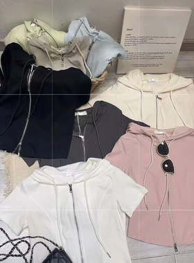 t恤2024年新款女夏季纯棉抽绳连帽拉链短款鱼骨设计上衣时尚潮流