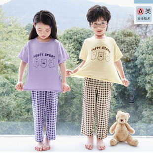 儿童家居服套装纯棉春夏季莱卡短袖长裤男童薄款宝宝女童睡衣夏款