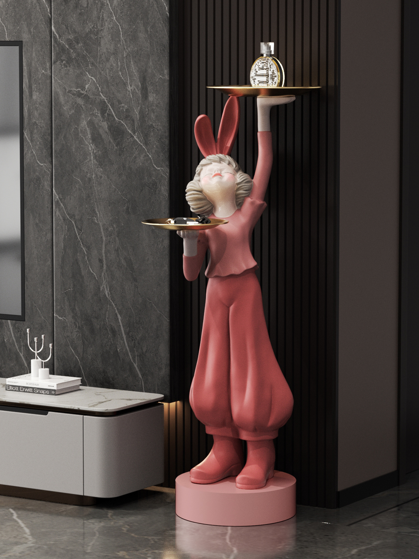 双托盘女孩落地式大装饰品客厅电视柜旁边的沙发高档装饰乔装礼物