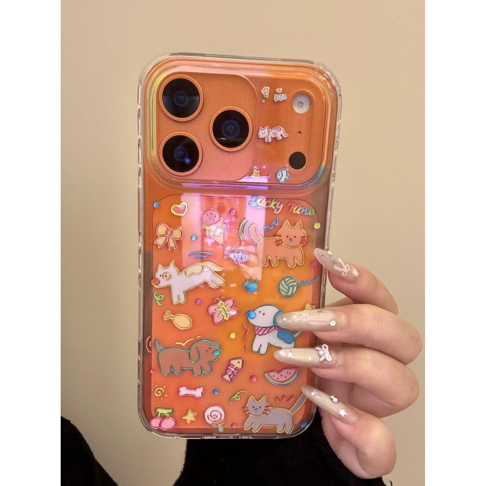 卡通涂鸦鎏金格纹小动物适用iphone17promax苹果壳16新款15pm