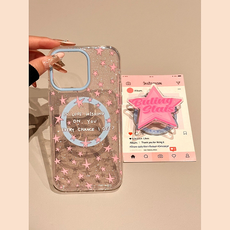 少女粉色星星磁吸支架适用苹果16壳iphone15promax新款14透明闪粉13防摔保护套15超好看ins创意