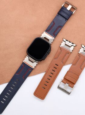 适用苹果Ultra3/2手表49mm机甲真皮AppleiwatchS11金属头粒10表带
