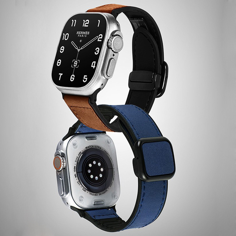 适用苹果Ultra2手表49mm硅胶贴疯马皮s9磁吸se方扣iwatchS10表带