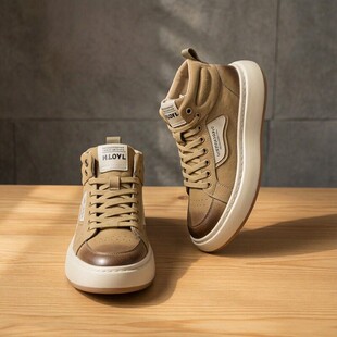 新款vibe风鞋子青年高帮黄色系带日常舒适真皮厚底运动休闲板鞋男