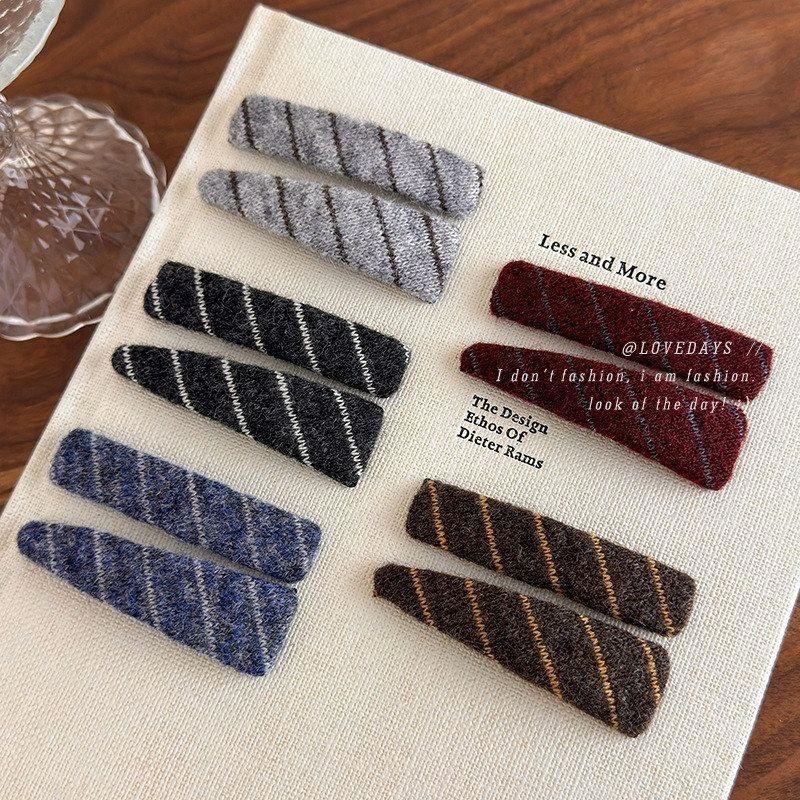 韩国同款秋冬新款毛绒斜条纹发夹复古前额刘海发夹bb夹侧边夹发卡