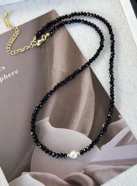 黑色水晶珍珠碎银子项链时尚气质轻奢叠戴锁骨链小众设计高级颈链