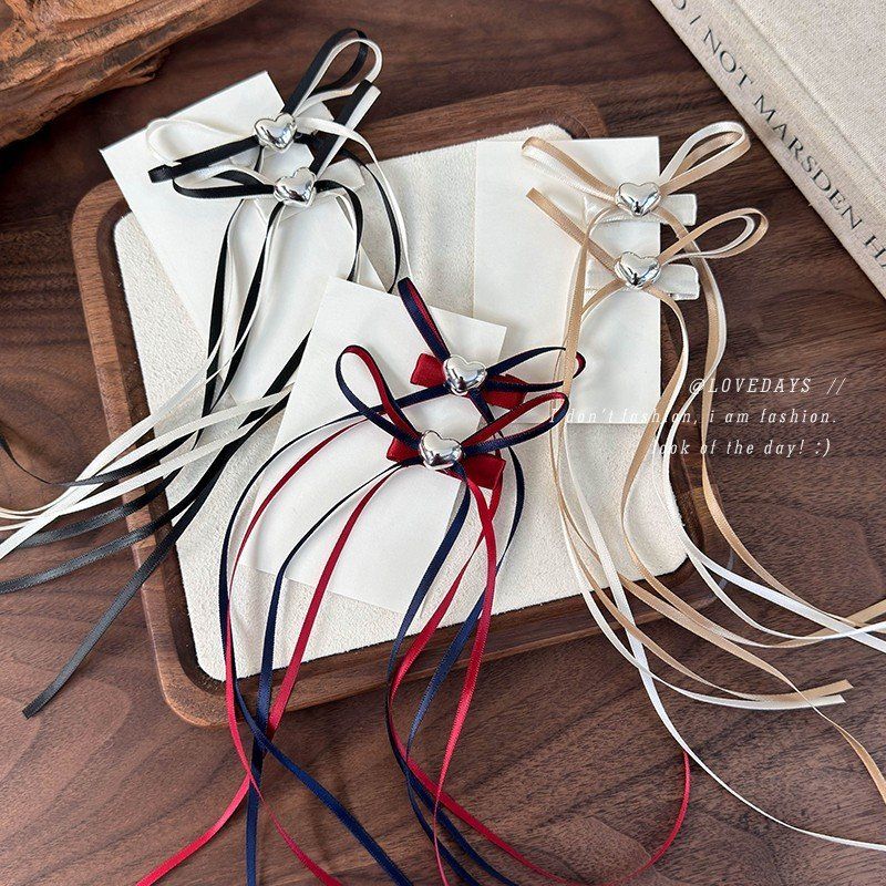 芭蕾风长款仙气双拼布艺蝴蝶结流苏爱心鸭嘴夹少女超仙编发夹发饰