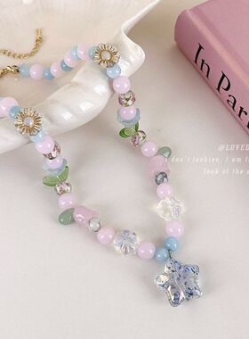 ins仙气甜美少女花朵串珠项链温柔韩系百搭琉璃花朵五角星锁骨链