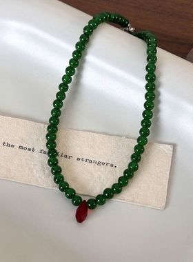 网红同款中式复古绿色串珠项链红色雨滴choker国潮显白锁骨链配饰