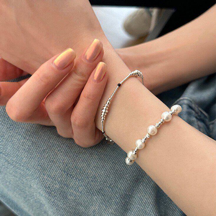 复古银色金属珍珠串珠手链小众设计感流行叠戴手饰文艺少女配饰