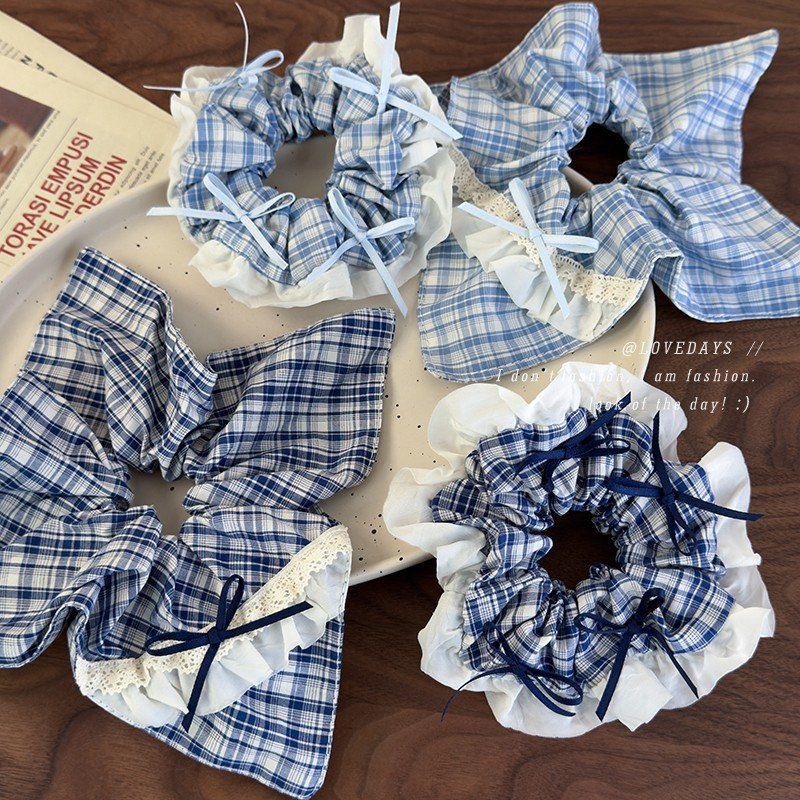 蓝色格纹花边蕾丝蝴蝶结大肠发圈女韩版气质学院风扎马尾皮筋头绳