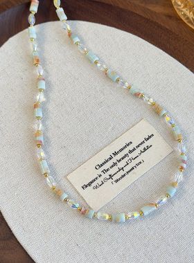 小众复古花纹石水晶串珠项链女简约高级感法式度假风淡蓝色锁骨链