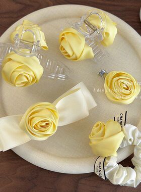 春日阳光 手工立体黄色玫瑰花朵发夹女优雅气质后脑勺半扎发头饰