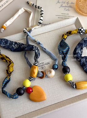 时尚设计趣味拼接布艺项链文艺小众手工时髦丝巾锁骨链可调节颈链