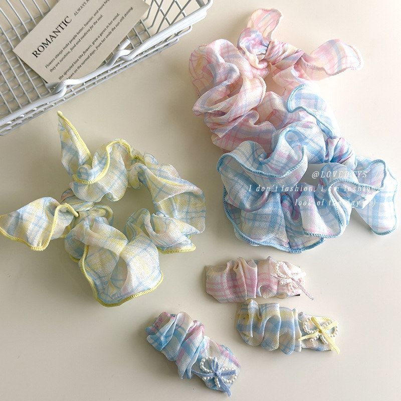 可爱奶油系浅色格子蝴蝶结大肠发圈甜美珍珠蝴蝶结发夹发饰发绳女